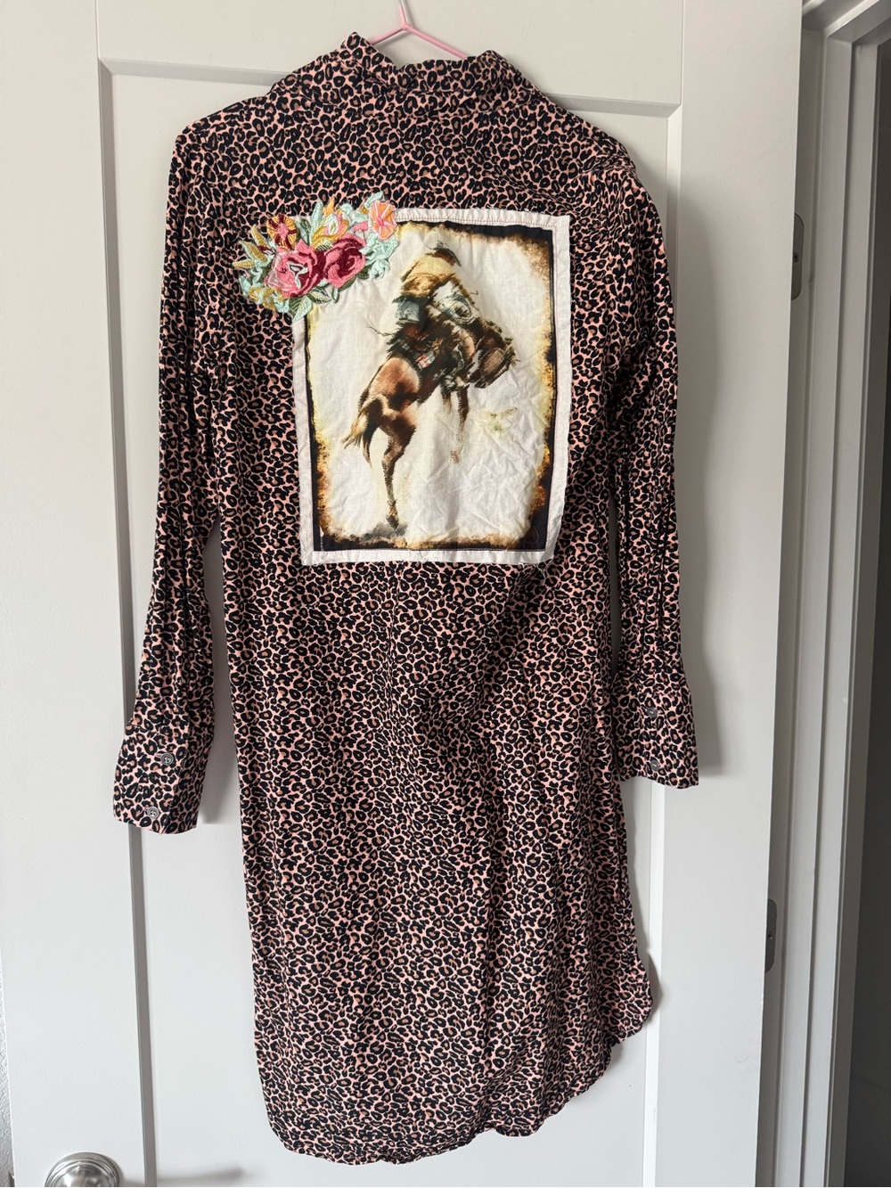 Long Sleeve Leopard Print Dress with Western Horse Patch - Pink